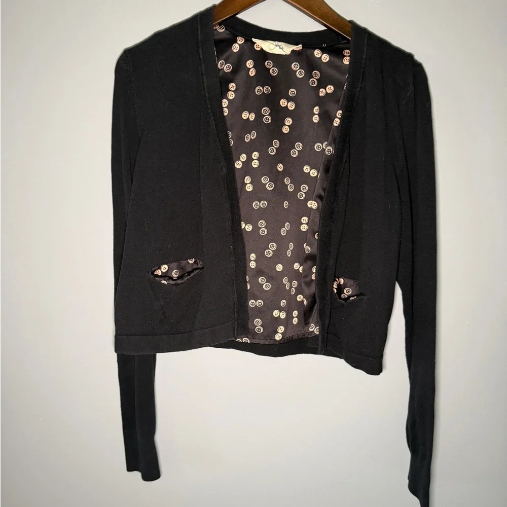Anthropologie monogram HWR button print long sleeve open front cardigan